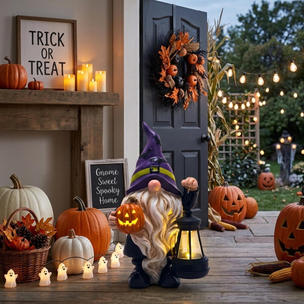 Halloween gnome with lantern displayed by a decorated front door