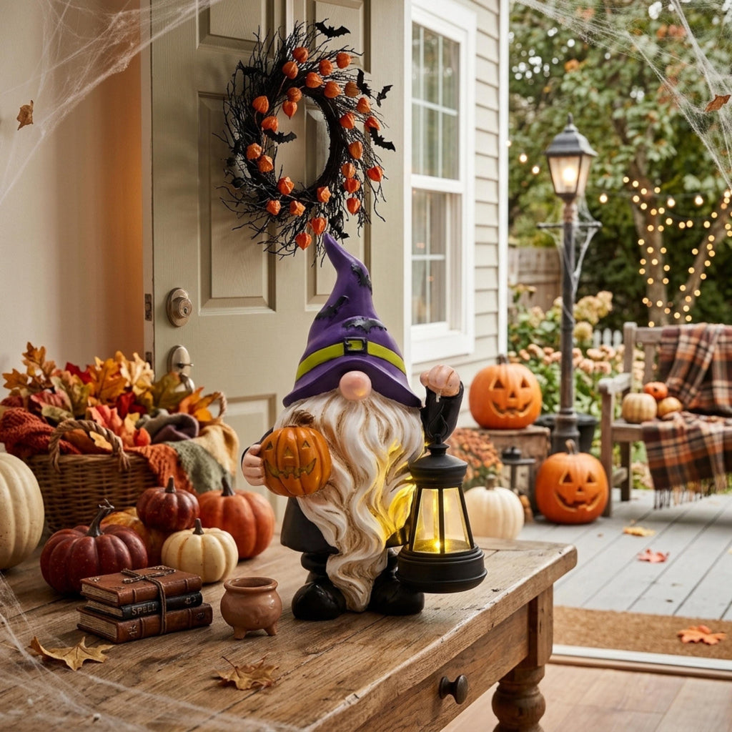Purple-hat pumpkin gnome decorating a fall entry table