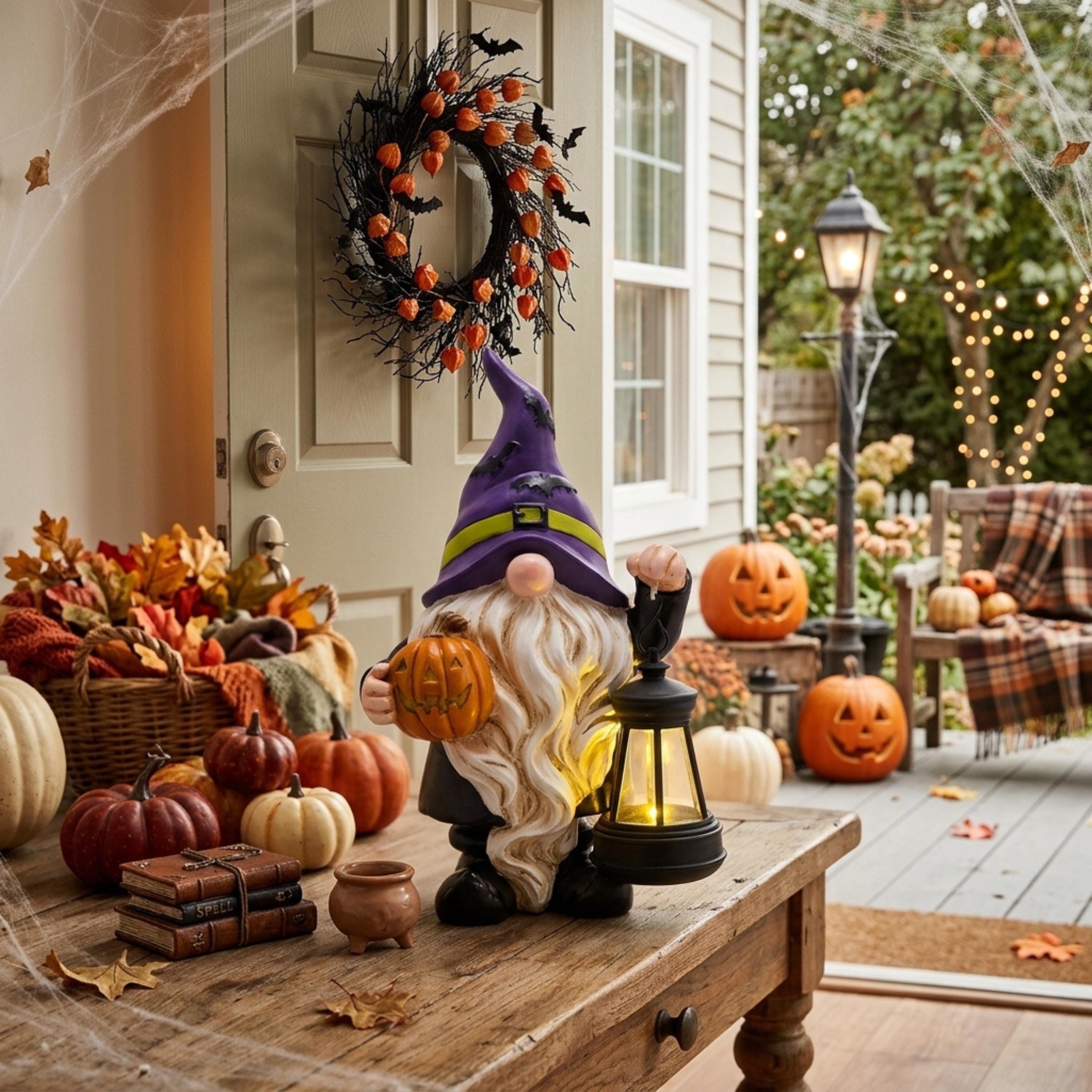 Purple-hat pumpkin gnome decorating a fall entry table