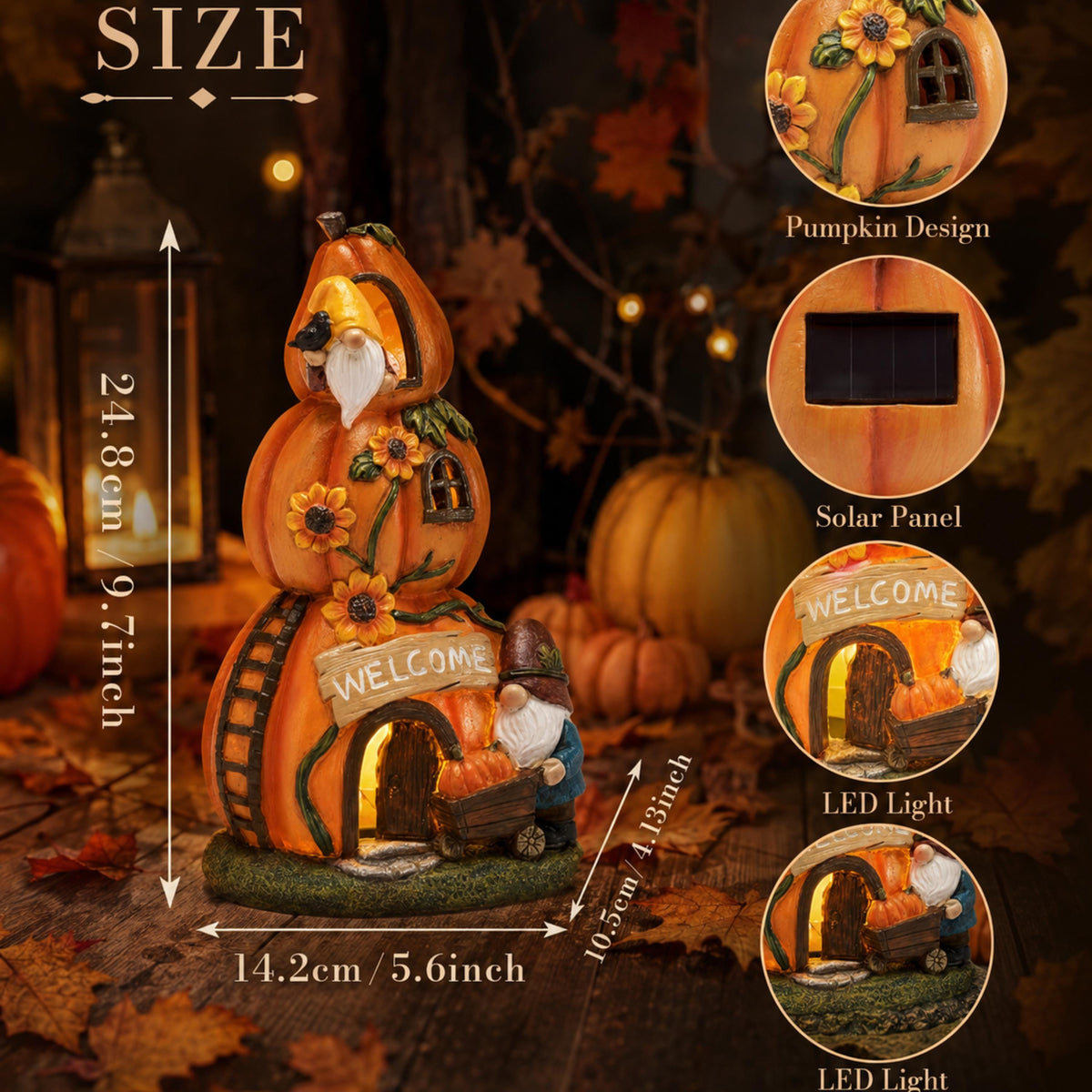 Close-up feature guide for solar pumpkin cottage garden statue