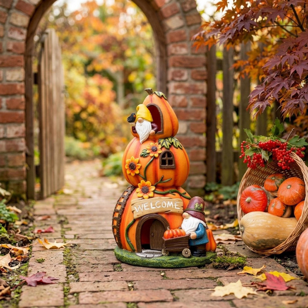 Lighted pumpkin house statue beneath a brick garden arch