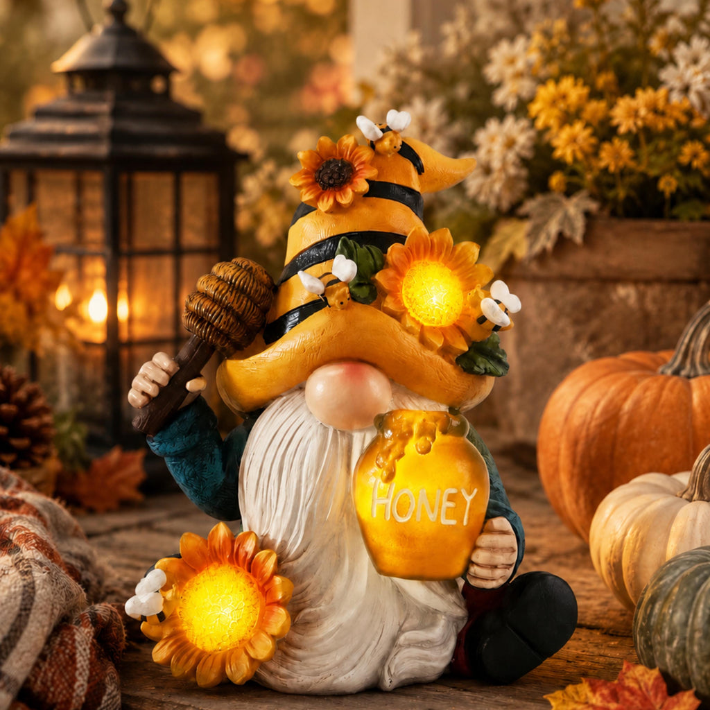 Solar bee gnome with glowing sunflowers and honey jar in fall decor