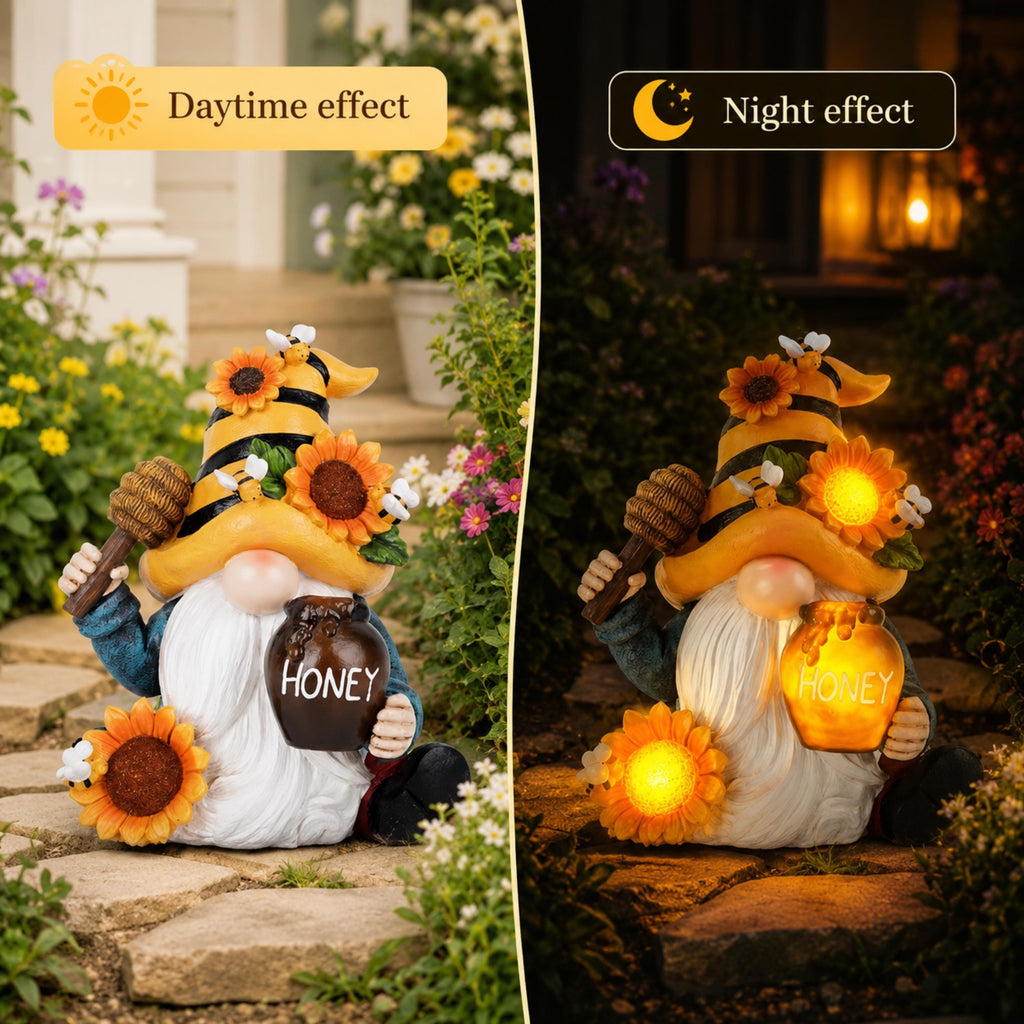 Day and night comparison of solar bee gnome lighting