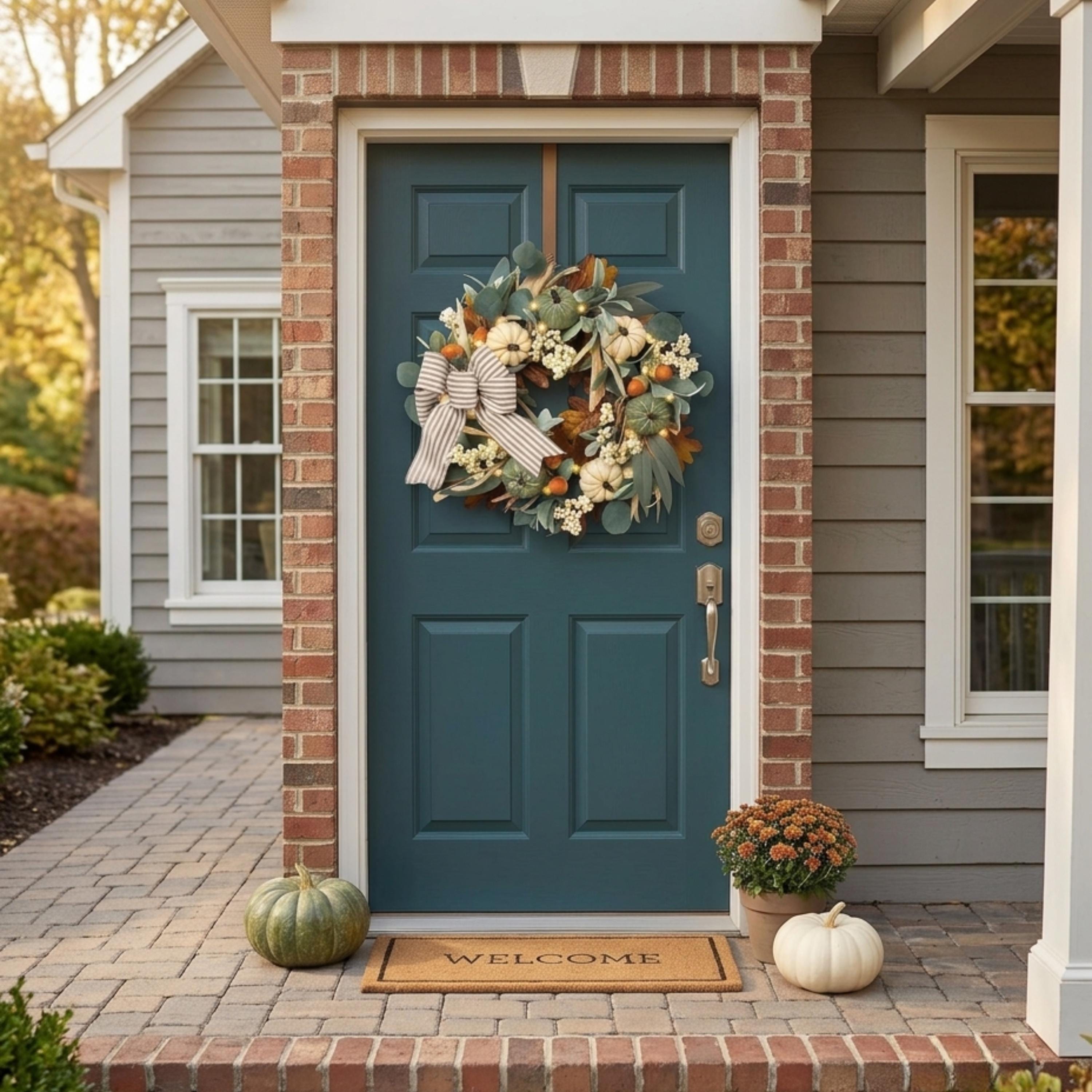 Pumpkin and eucalyptus fall wreath on a teal exterior door