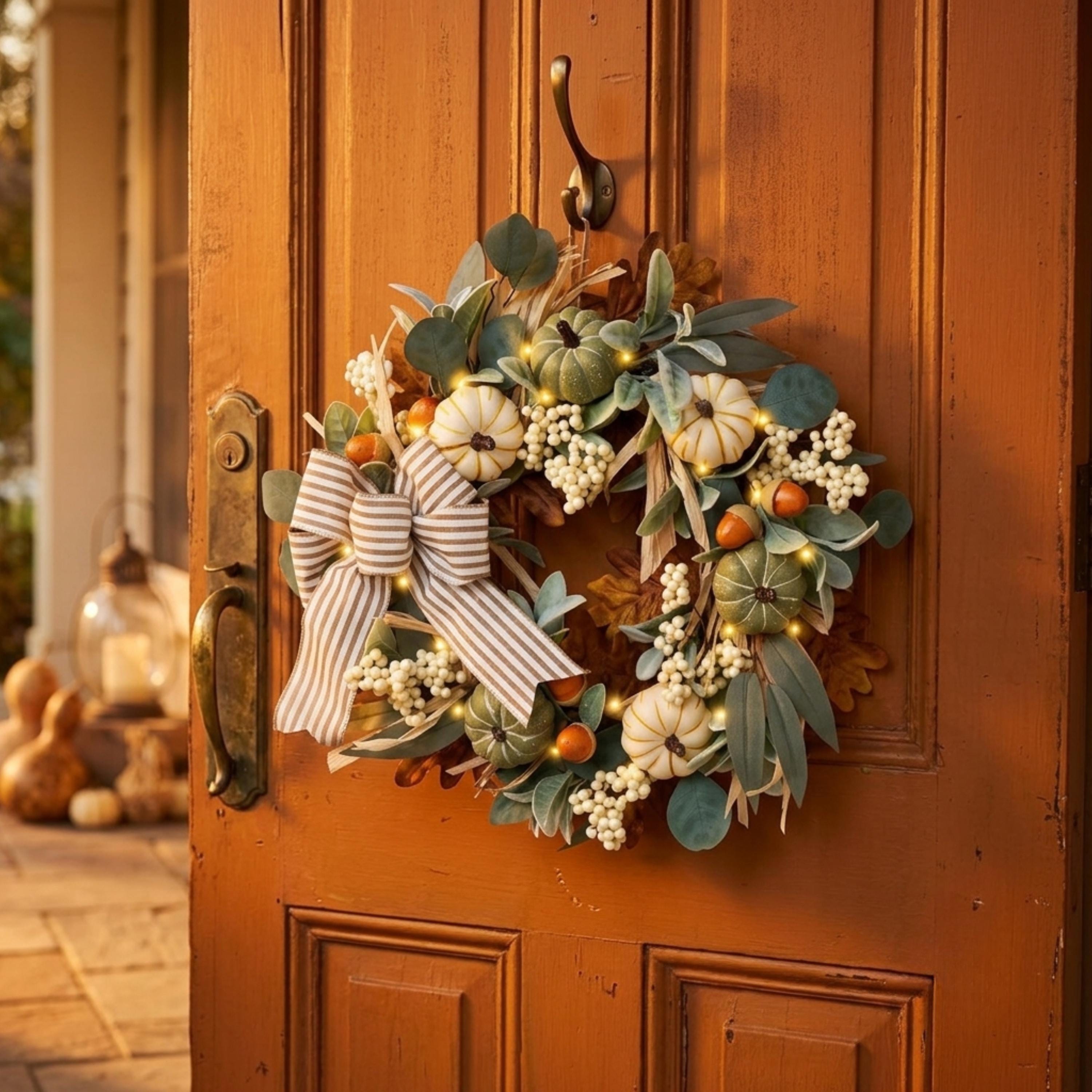 Lighted autumn pumpkin wreath hanging on a warm wooden door