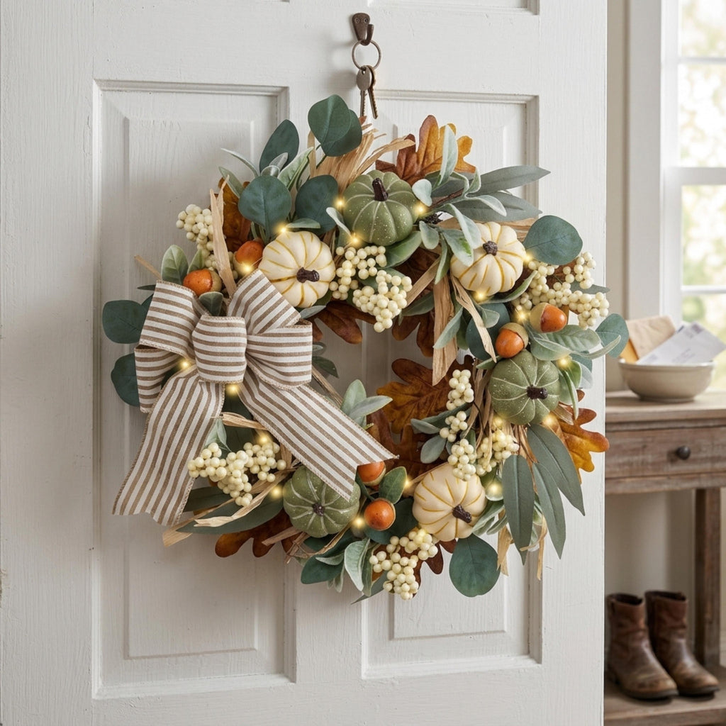 Lighted fall pumpkin wreath with striped bow on a white front door