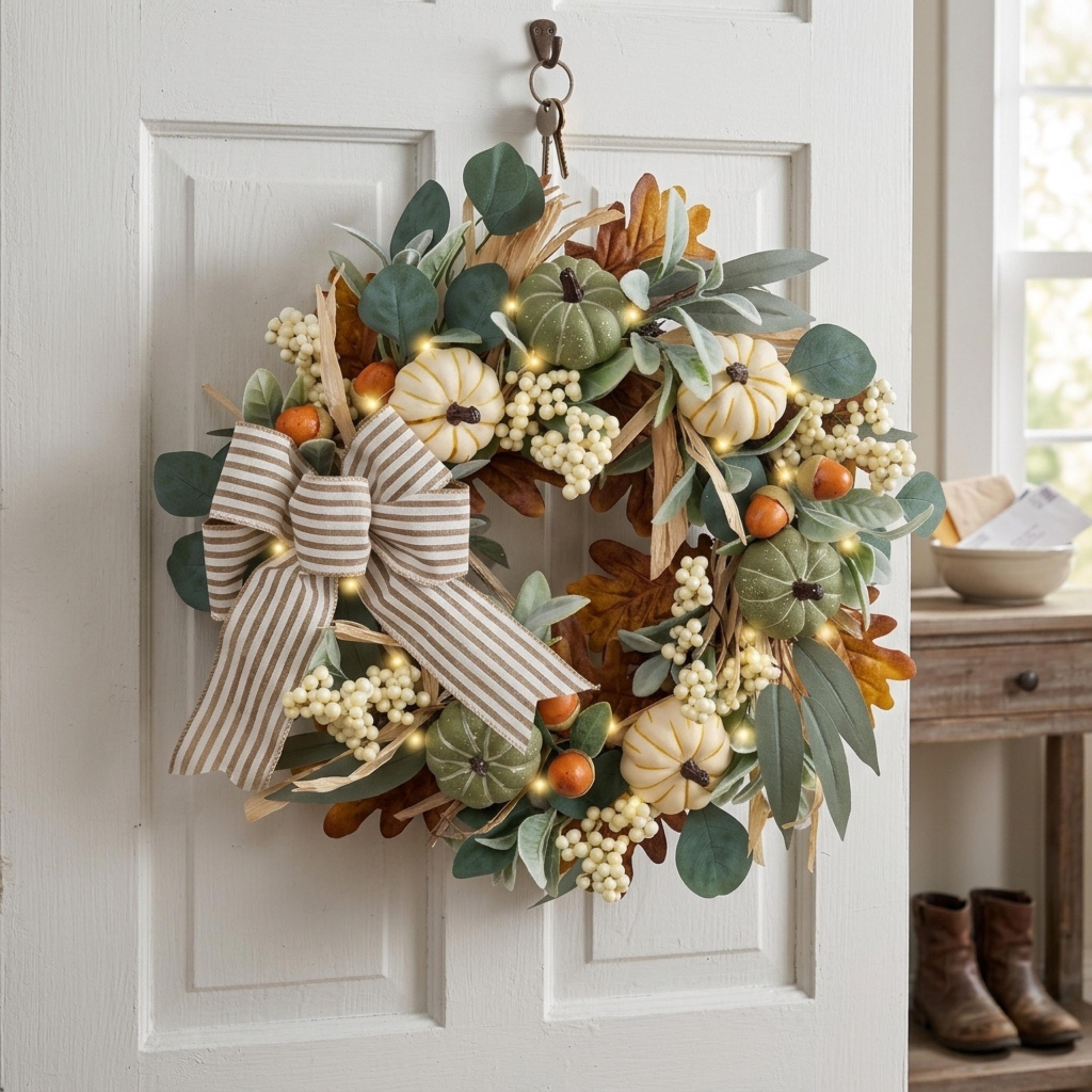 Lighted fall pumpkin wreath with striped bow on a white front door