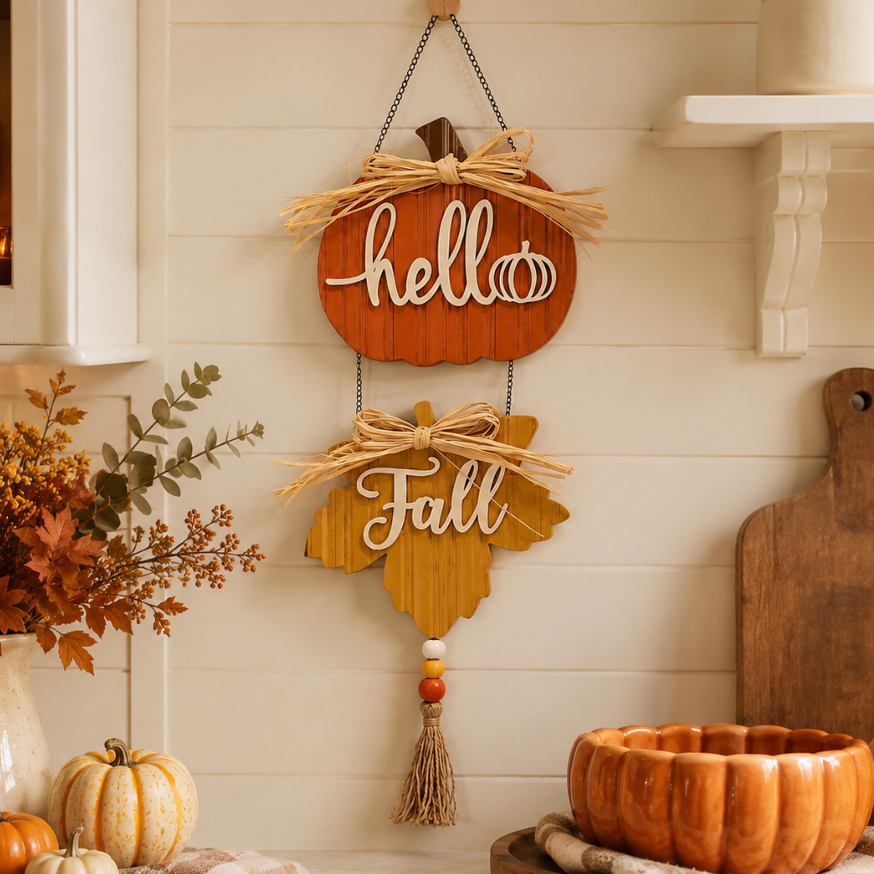 Vertical fall door hanger styled above an autumn console display