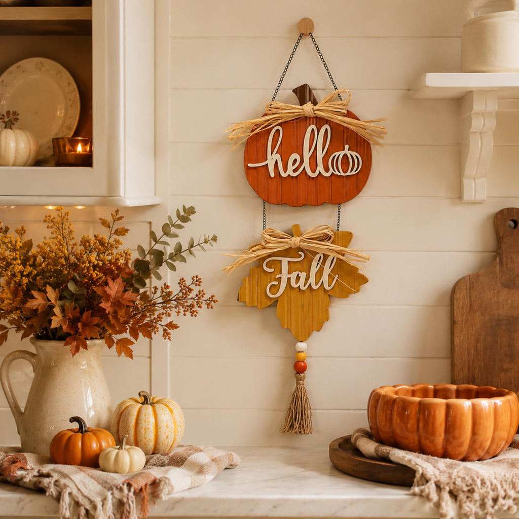 Pumpkin and maple leaf wall hanger in a neutral fall interior