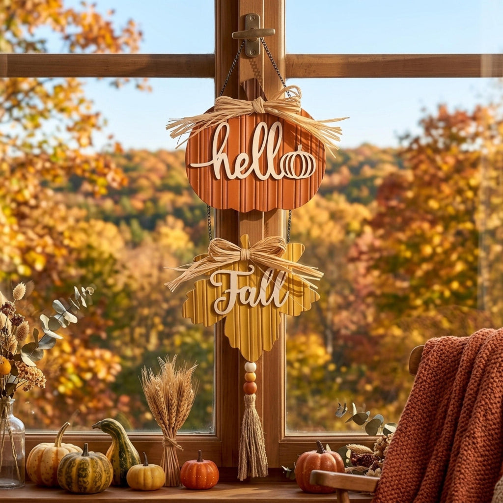 Wooden pumpkin fall hanger displayed on a window latch