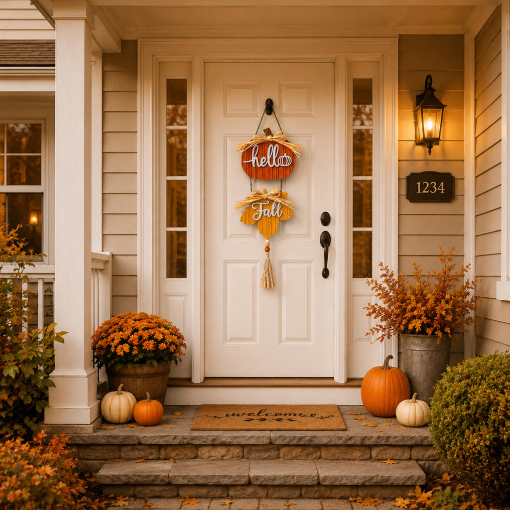 Hello Fall wooden door sign on a covered autumn front porch