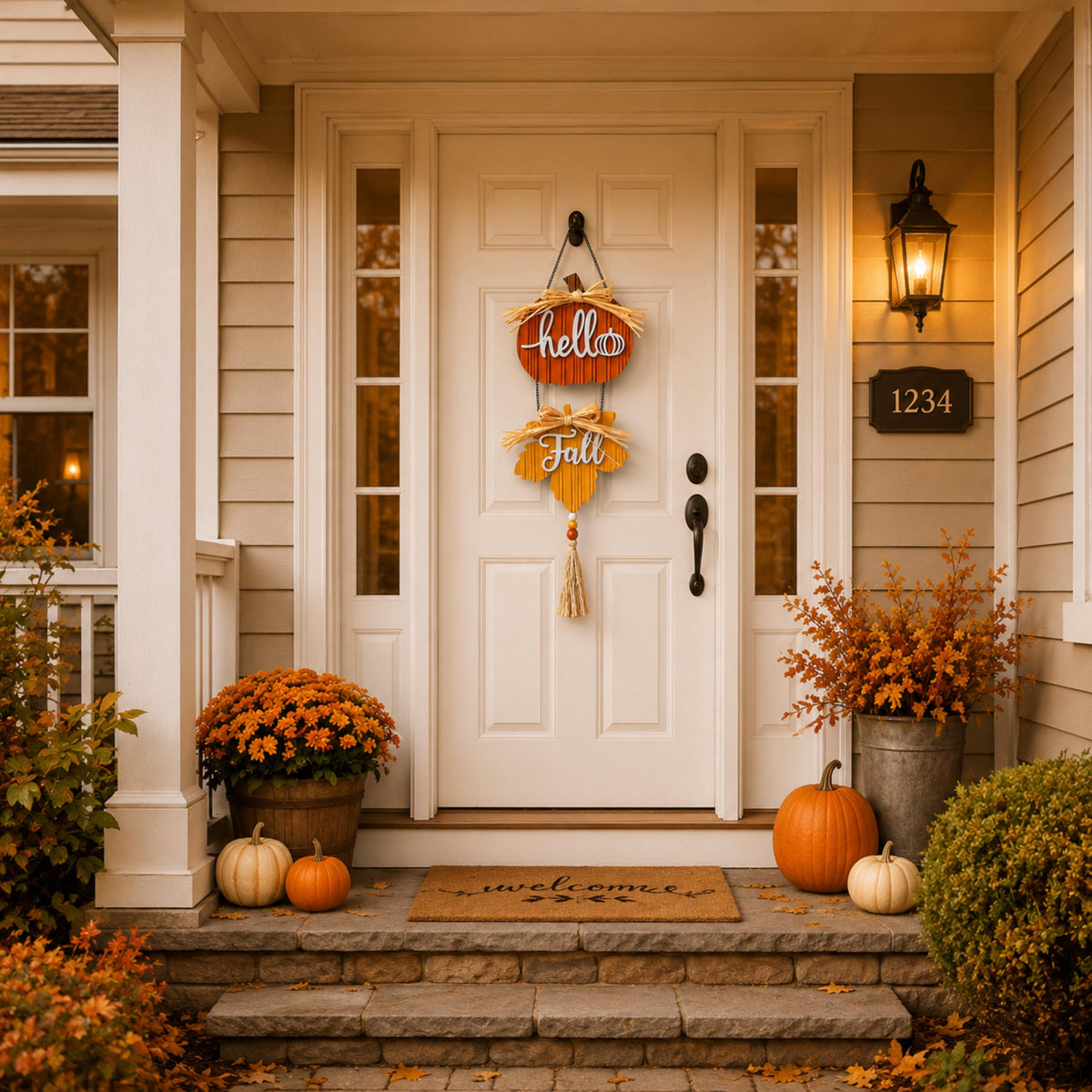 Hello Fall wooden door sign on a covered autumn front porch