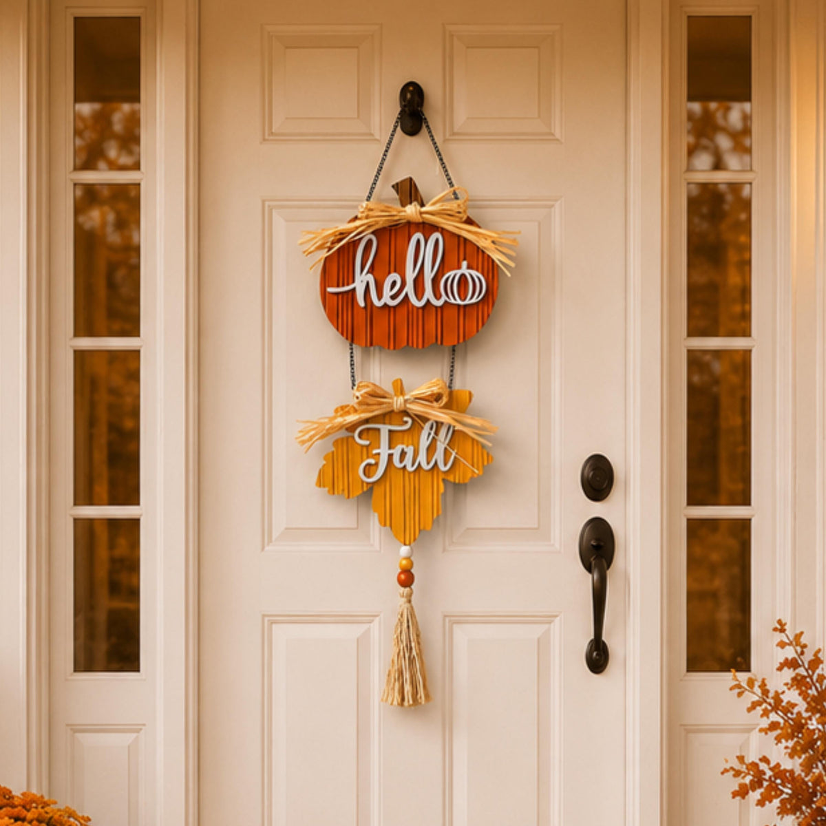 Vertical Hello Fall pumpkin door hanger displayed on an entry door