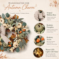Feature guide for pumpkin eucalyptus wreath with warm LED timer lights