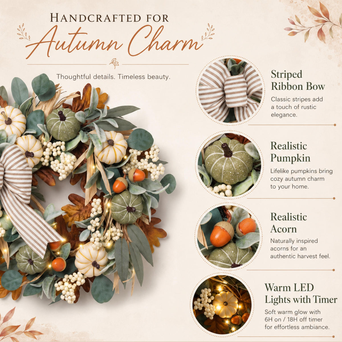 Feature guide for pumpkin eucalyptus wreath with warm LED timer lights