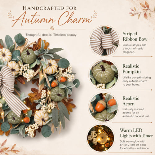 Feature guide for pumpkin eucalyptus wreath with warm LED timer lights