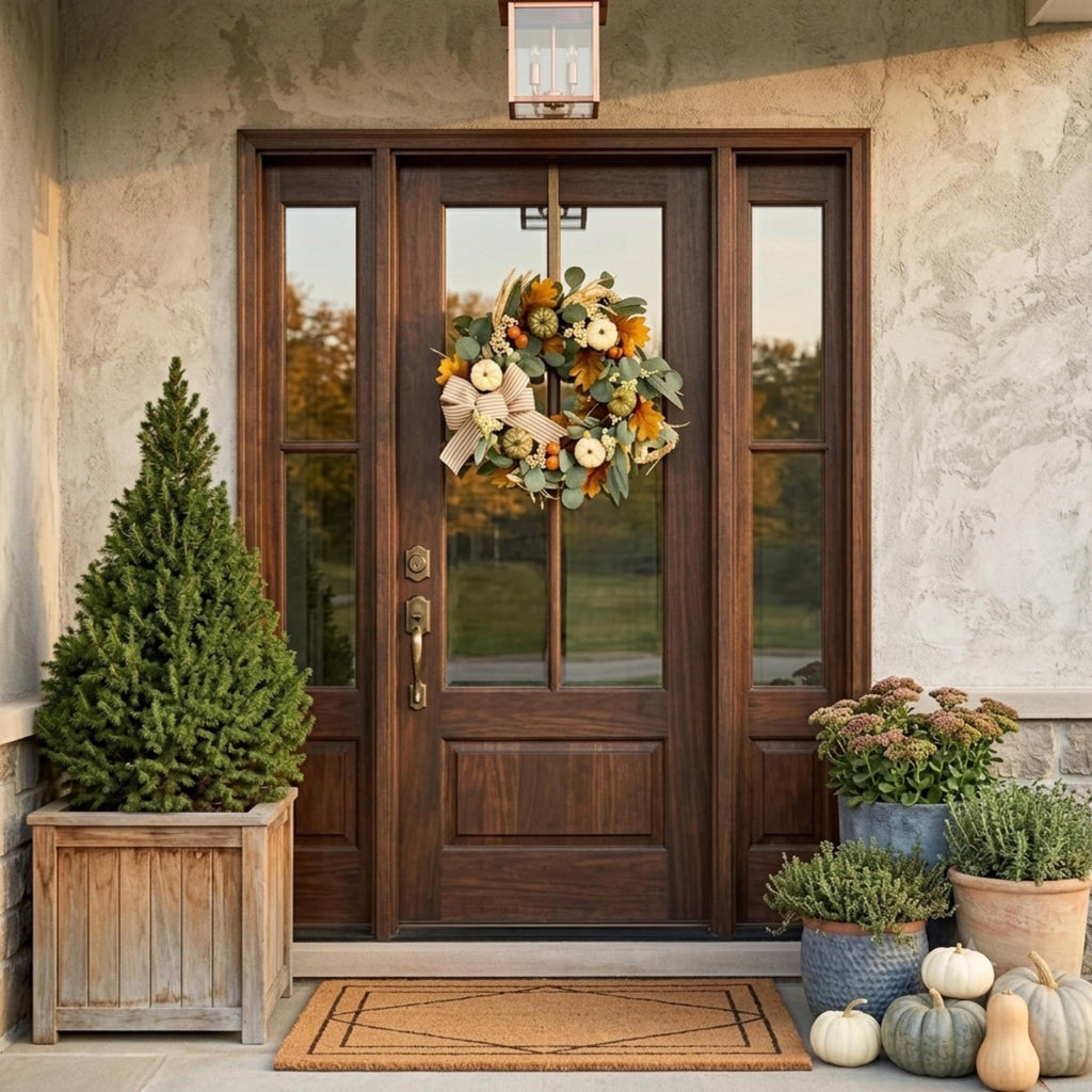 Fall pumpkin wreath centered on a wide wooden entry door