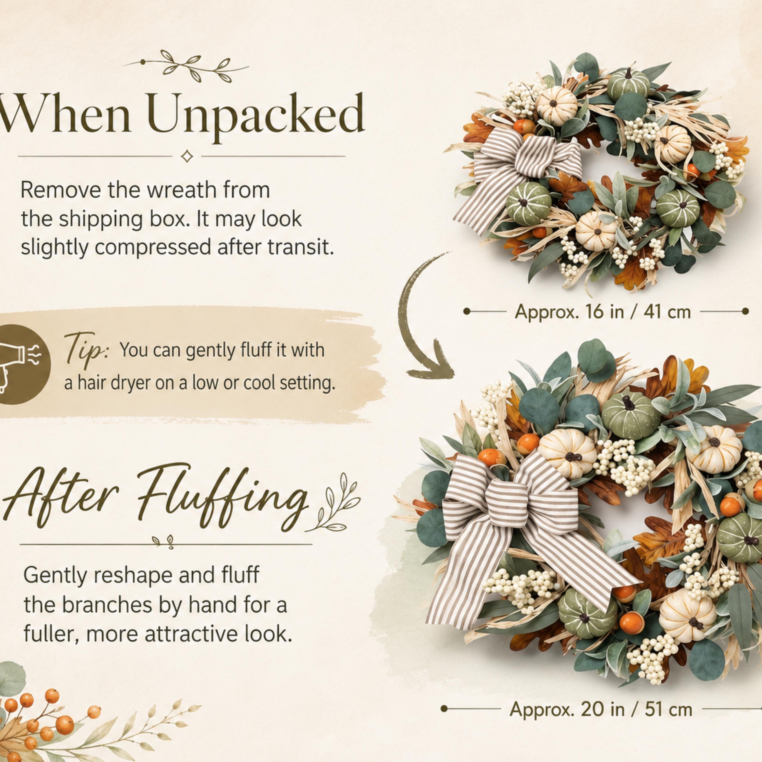 Before-and-after fluffing guide for 16-inch to 20-inch fall wreath