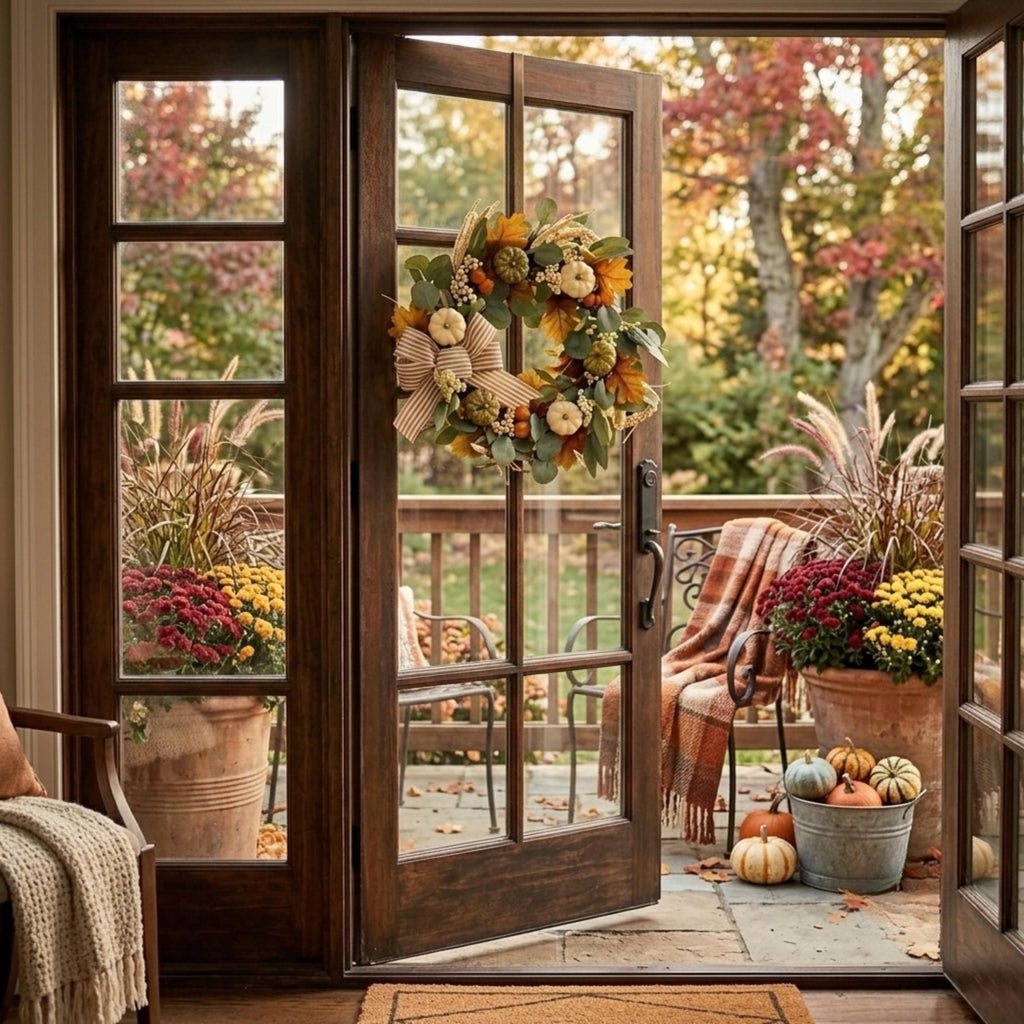 Autumn wreath hanging on a glass door overlooking a fall porch