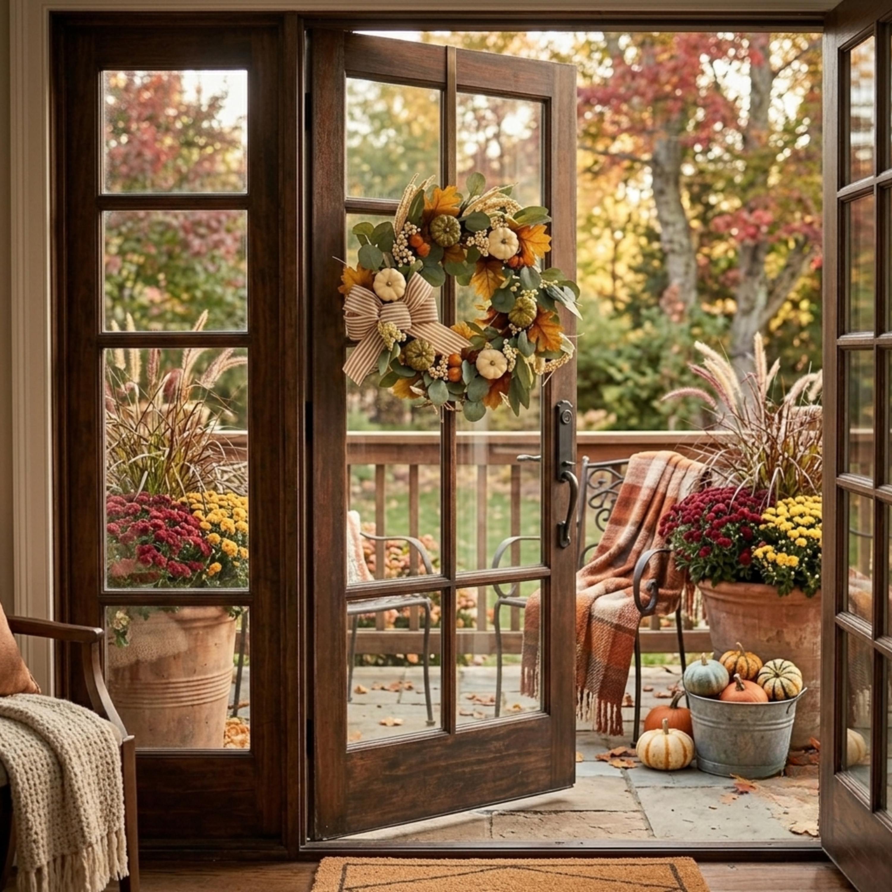 Autumn wreath hanging on a glass door overlooking a fall porch