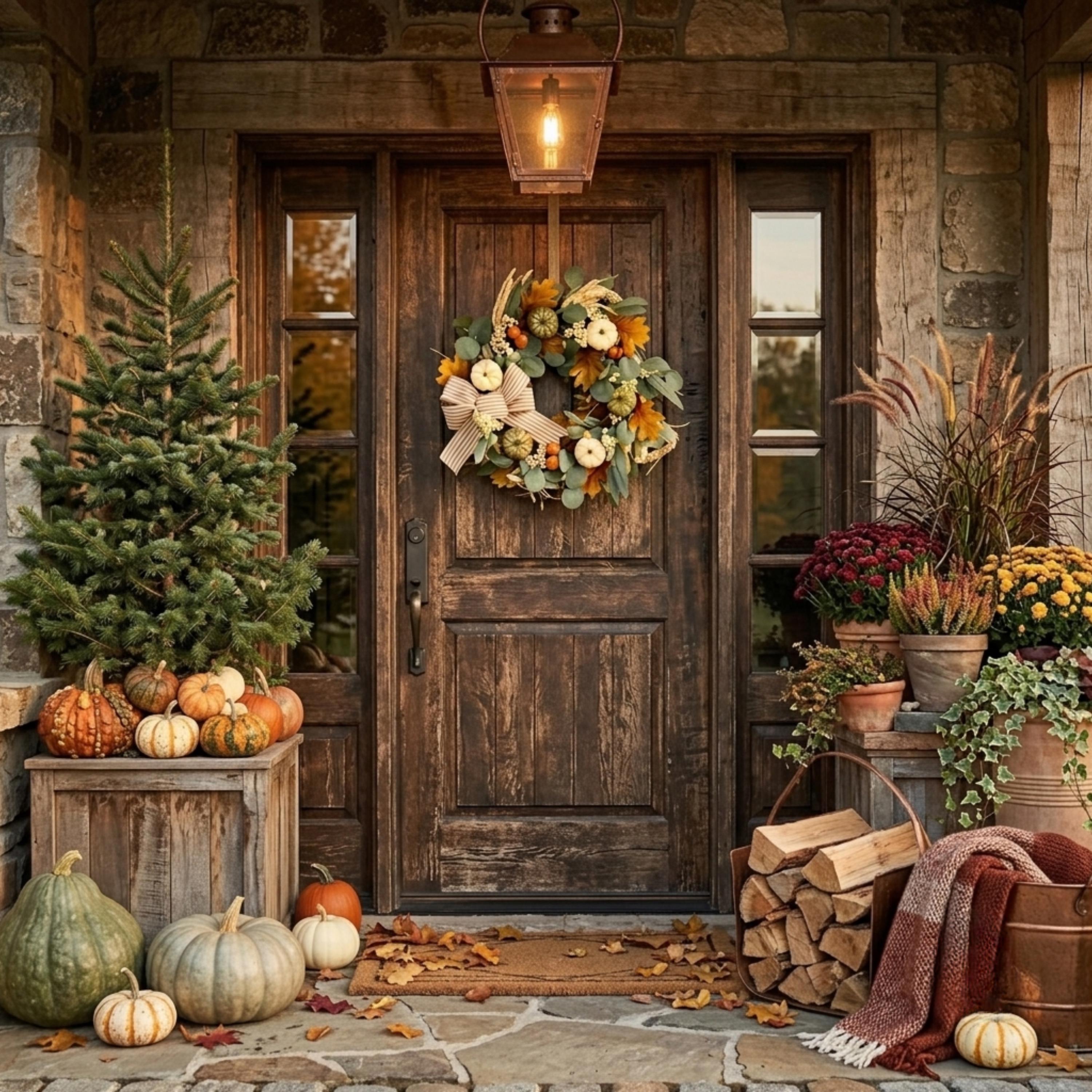 Lighted farmhouse pumpkin wreath on a rustic front door at dusk