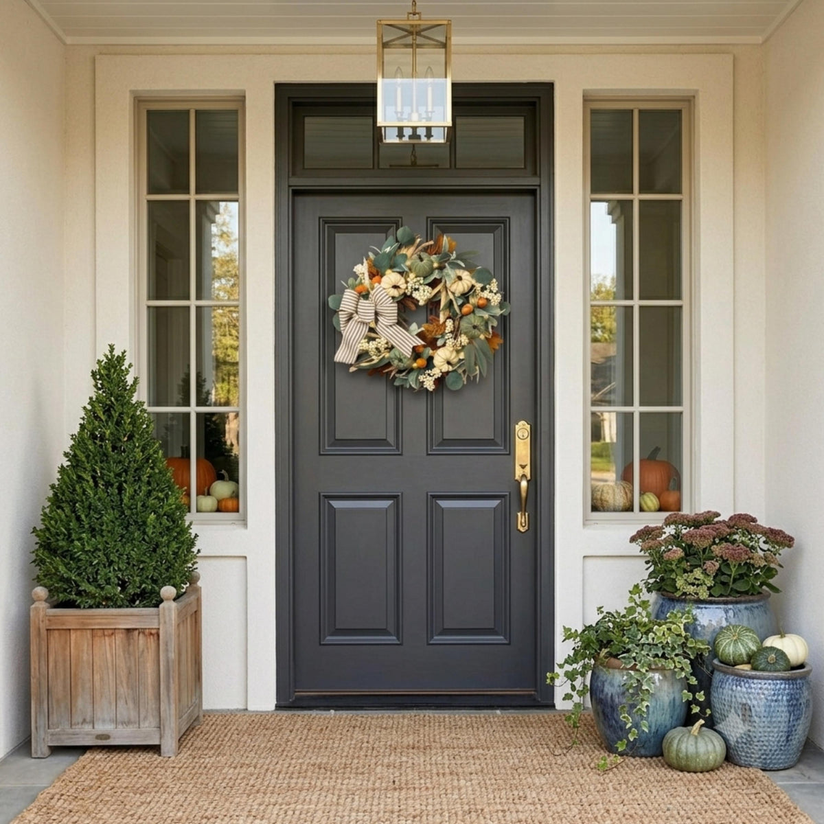 Neutral lighted fall wreath on a gray covered-porch door