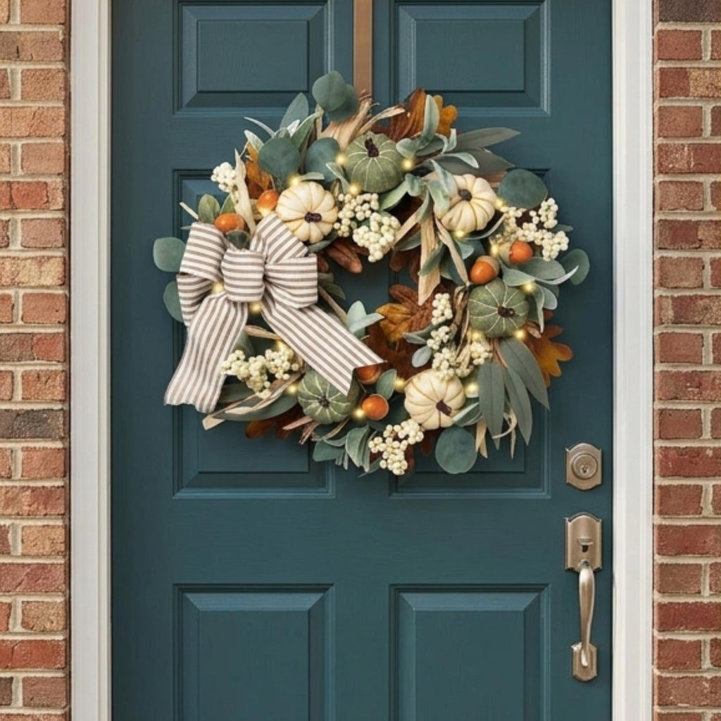 Neutral fall wreath with white pumpkins on a dark teal front door