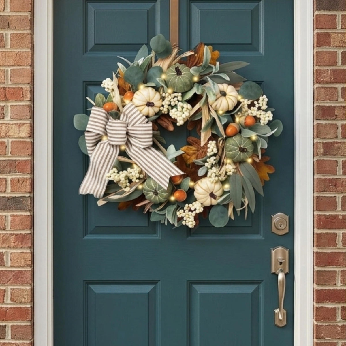 Neutral fall wreath with white pumpkins on a dark teal front door