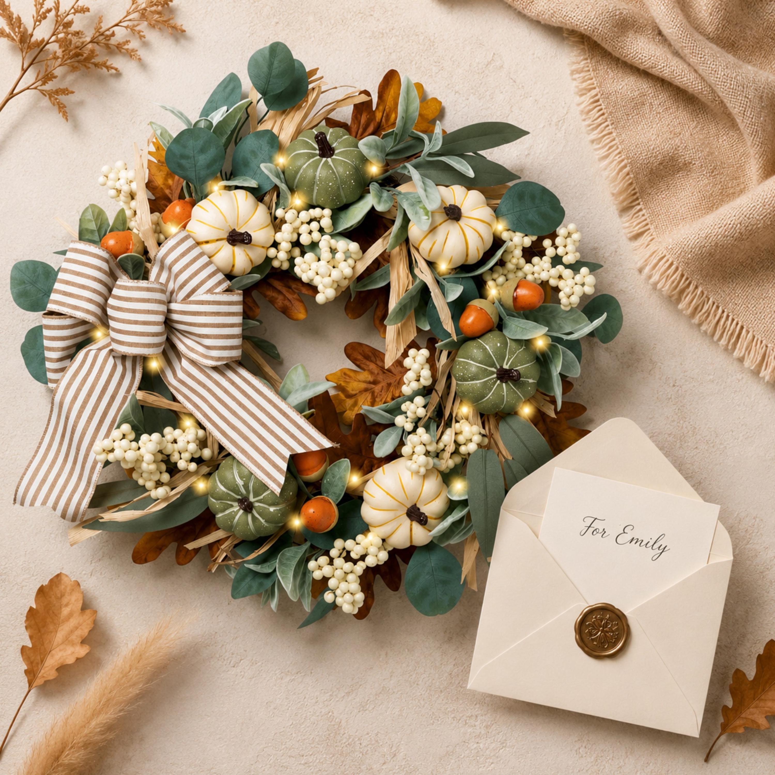 Fall pumpkin wreath displayed flat beside a wax-sealed gift note