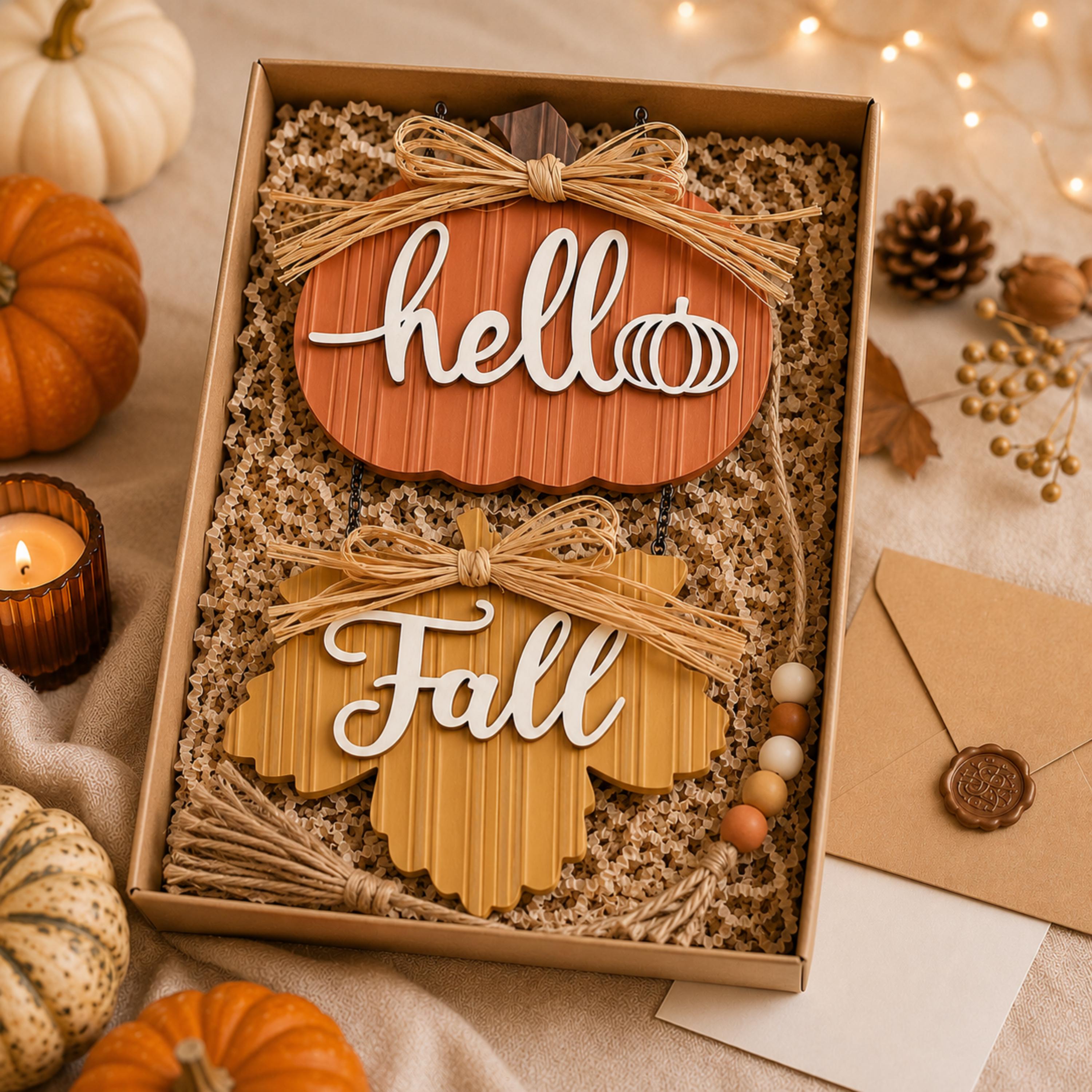 Hello Fall wooden door hanger presented in a gift box