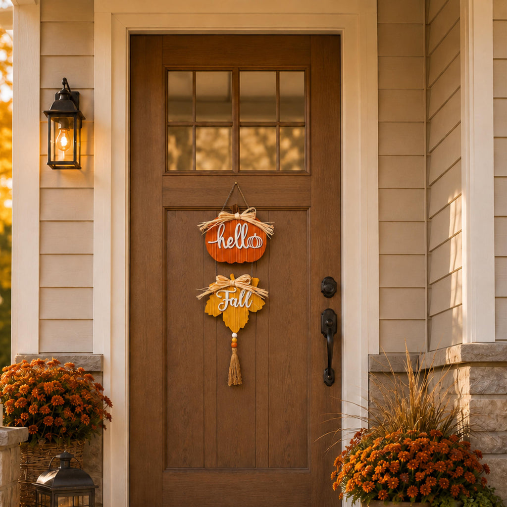 Hello Fall pumpkin and leaf sign hanging on a wooden front door
