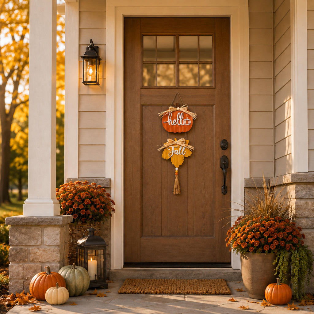 Hello Fall wooden pumpkin sign on a covered porch door