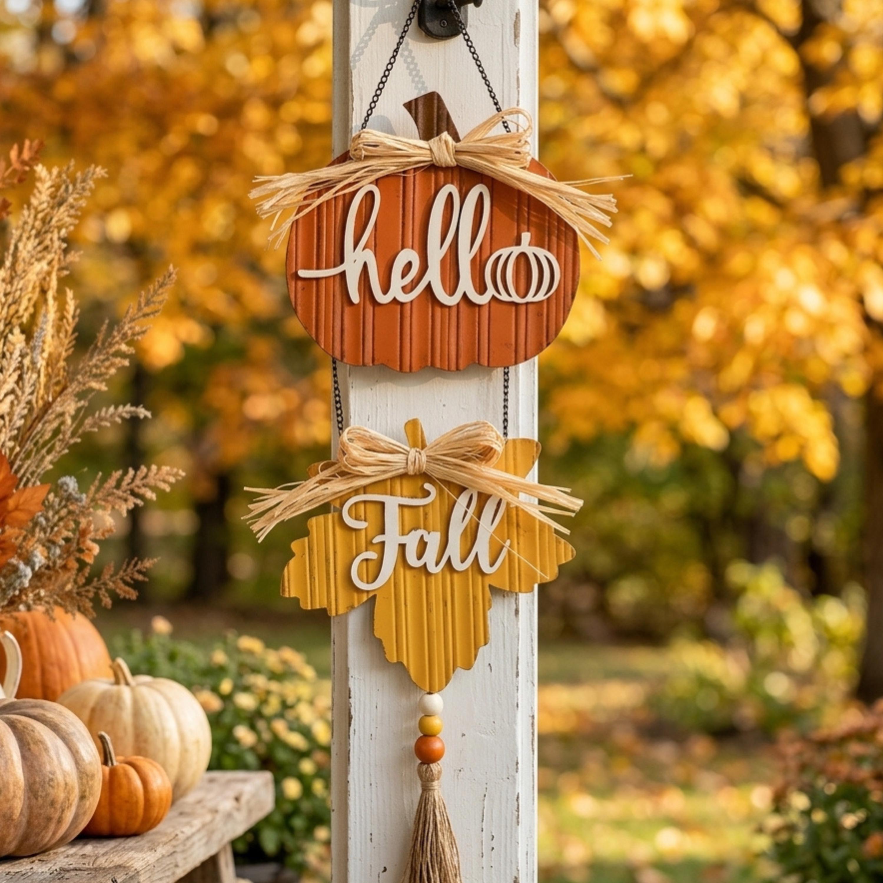 Hello Fall door hanger styled outdoors with pumpkins and foliage