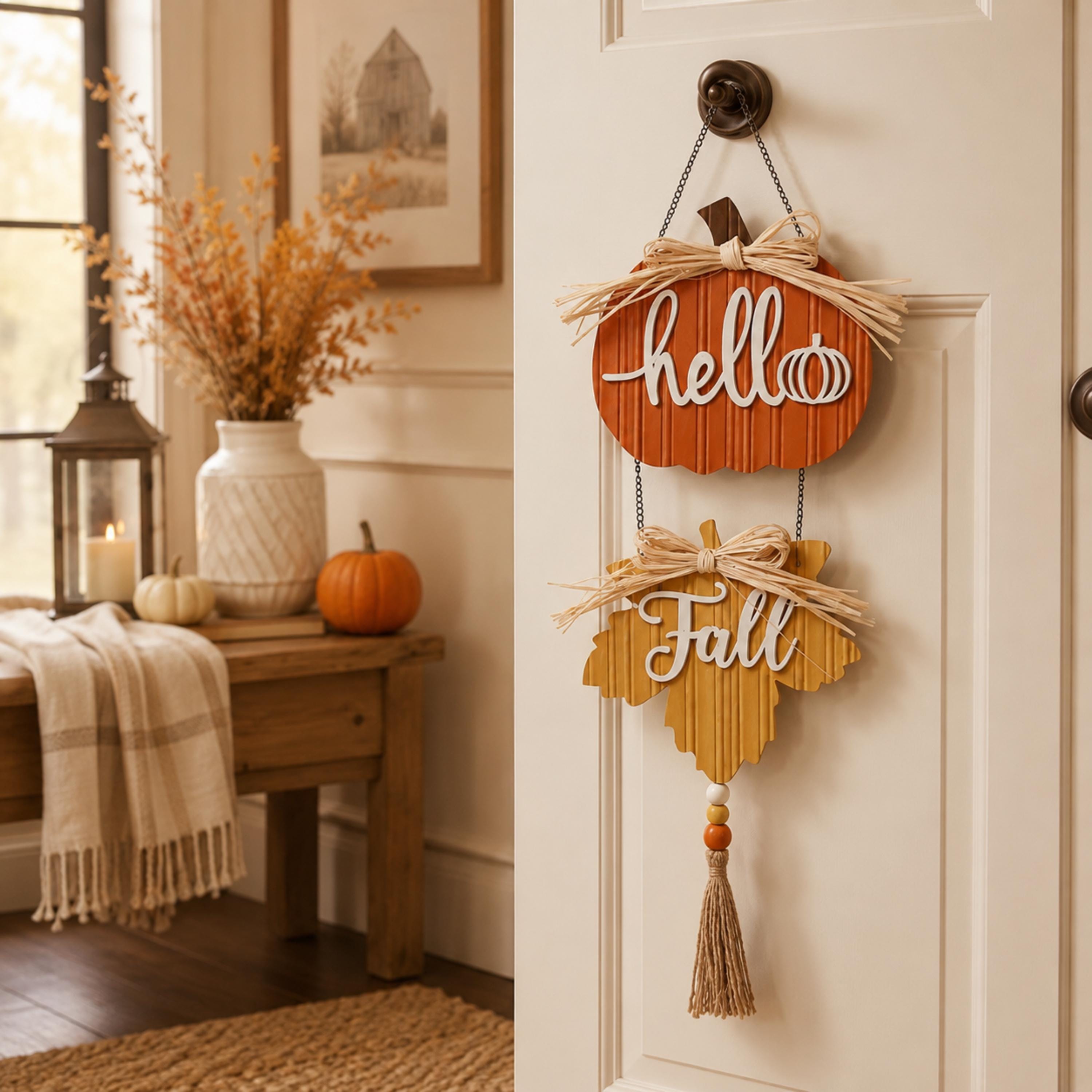 Pumpkin and maple leaf fall hanger inside a neutral entryway